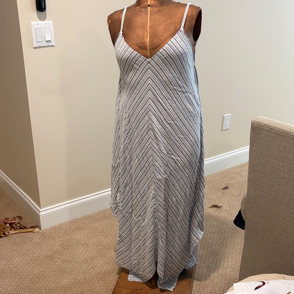 Tommy Bahama Blue and White Striped V-Neck Spaghetti Strap Maxi Dress